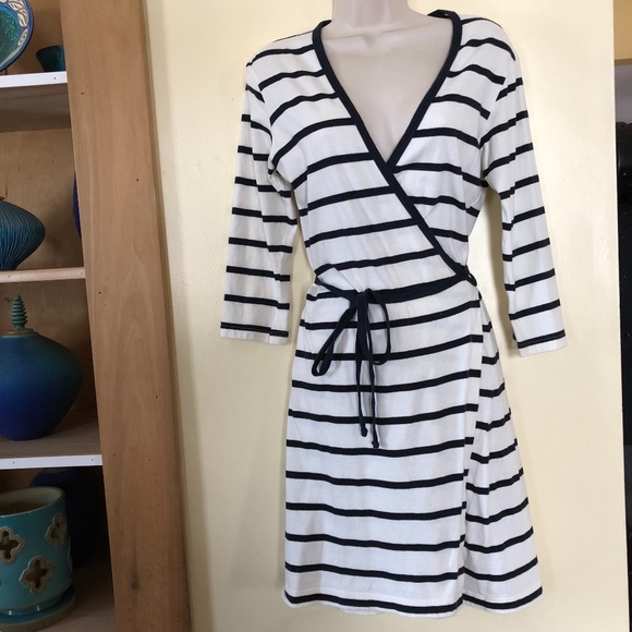 AQUA MARITIME 100% cotton striped wrap 3/4sl dress - Picture 4 of 8